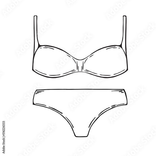 Black and white hand drawn classic women underwear, lingerie and swimsuit clothes elements with bra and panties vector illustration
