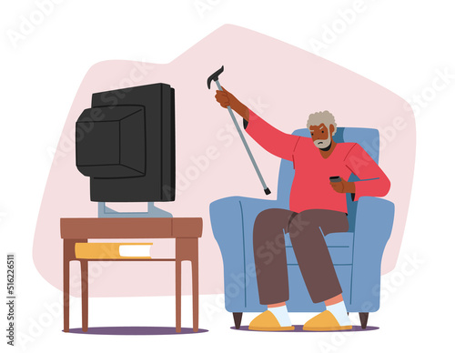 Upset Senior Man Watching Tv Waving Cane, Angry Dissatisfied Elderly Male Character Sitting on Armchair Watch Bad News