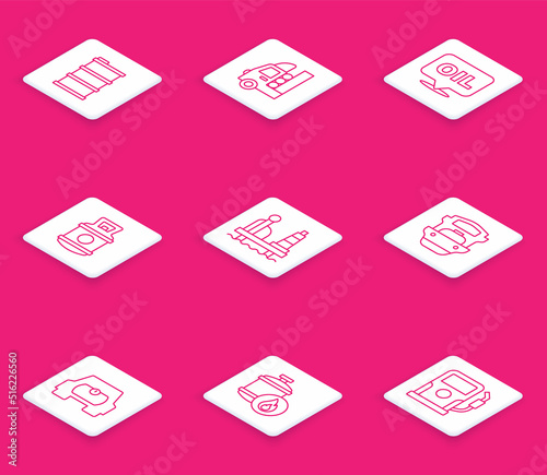 Set line Barrel oil, Gas tank for vehicle, Word, Propane gas, Oil platform in the sea, tanker ship, and icon. Vector