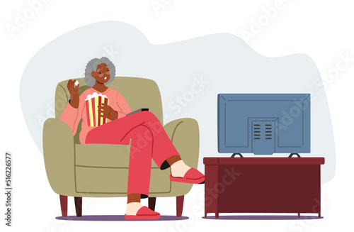 Elderly Lady Home Sparetime, Black Senior Woman Watching Tv Set, Aged Character Sitting on Sofa with Cat Having Fun