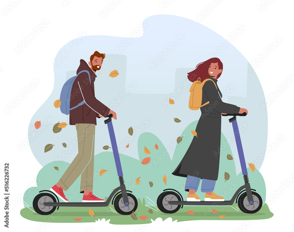 Young Man and Woman Characters Driving Electric Scooters in City Park at Autumn Day. People Walk, Outdoors Activity Young Man and Woman Characters Driving Electric Scooters in City Park at Autumn Day. People Walk, Outdoors Activity