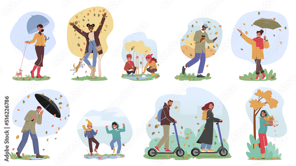 Fototapeta premium Set of Characters Walk at Autumn Day. Man and Woman Driving Electric Scooters in Park, People Walking, Play with Leaves