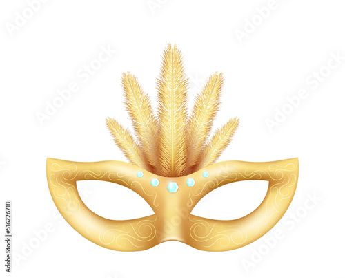 3d realistic golden carnival face isolated on white background. Female mask for party, masquerade