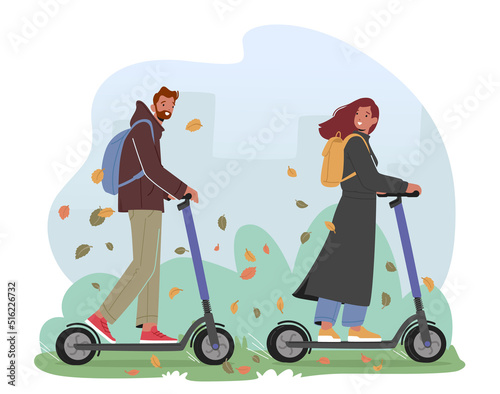 Young Man and Woman Characters Driving Electric Scooters in City Park at Autumn Day. People Walk, Outdoors Activity