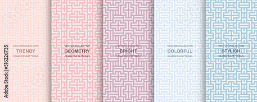 Set of colorful ornamental seamless geometric patterns - delicate symmetric tile textures. Vector decorative backgrounds. Textile endless prints