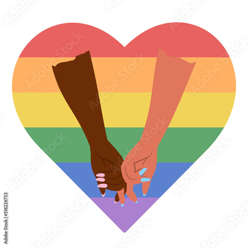 Lgbt couple or family of different skin holding hands.  Wedding in lgbti community. Human arms with lgbtg emblems, rainbow, flag. Vector flat illustration for poster, card, banner, sticker