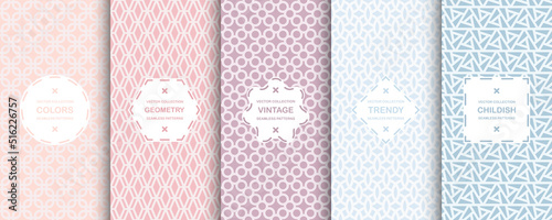 Collection of seamless ornamental colorful patterns - delicate symmetric grid textures. Vector geometric backgrounds. Trendy textile cute prints
