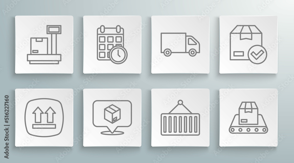 Set line This side up, Cardboard box with calendar, Location cardboard, Container crane, Conveyor belt, Delivery cargo truck, ackage check mark and Scale icon. Vector Set line This side up, Cardboard box with calendar, Location cardboard, Container crane, Conveyor belt, Delivery cargo truck, ackage check mark and Scale icon. Vector