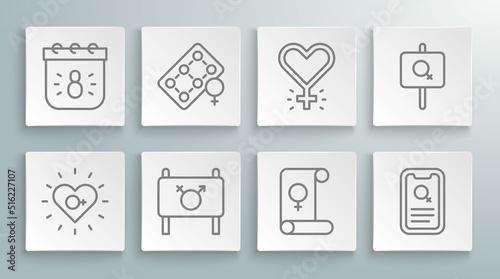 Set line Feminism, Packaging of birth control pills, Feminist activist, Dating app, and Calendar with 8 March icon. Vector