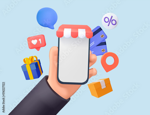 Shopping application mockup. Web site mockup with shop 3D icons present, buy, credit cards, pin. Digital marketing illustration 3D phone with like and sale. Online shopping, man or woman smartphone