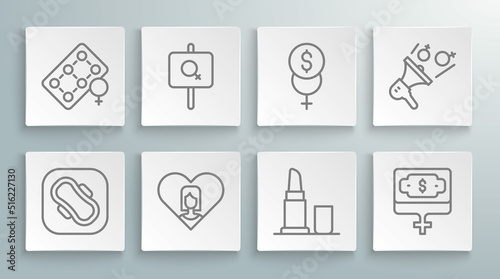 Set line Sanitary napkin, Feminist activist, Heart with female, Lipstick, Money growth woman, Feminism finance, and Packaging of birth control pills icon. Vector