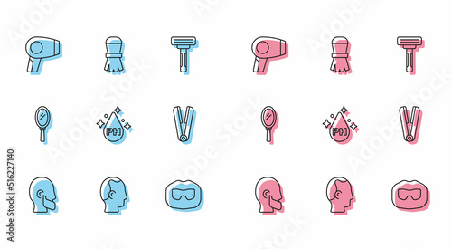 Set line Mustache and beard, Baldness, Hair dryer, Oil for hair care treatment, Curling iron, Hand mirror and Shaving brush icon. Vector