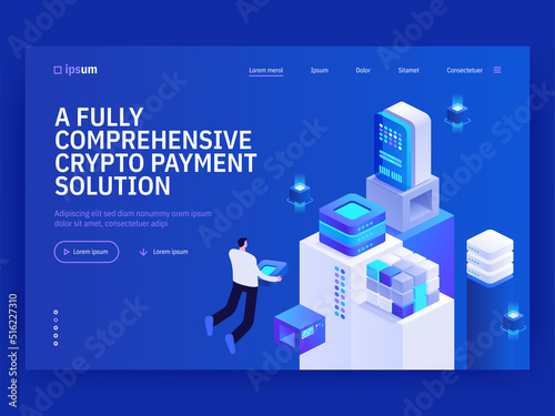 Fully comprehensive crypto payment solution isometric vector image on blue background. Blockchain system for business. Virtual banking. Web banner with space for text. Composition with 3d components