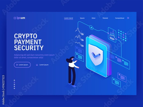 Crypto payment security isometric vector image on blue background. Safe transaction in virtual space. Blockchain technology for business. Web banner with space for text. Composition with 3d components
