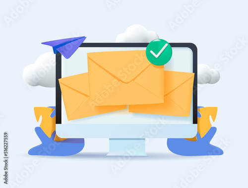 Digital marketing, send email message. Desktop computer mockup with letters. Internet management, business cooperation. Email marketing campaign. Online correspondence, incoming, outgoing mail message