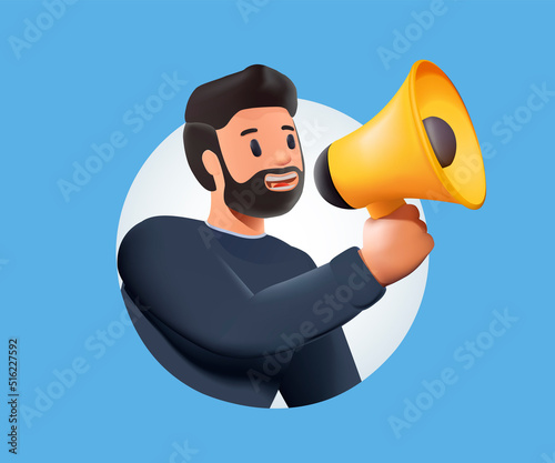 Social media promotion scenes. 3D Character using big loudspeaker to communicate with audience. 3D Business promotion, advertising, call through the horn, online alerting. Offering sale and discount