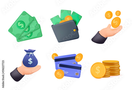 Payment system. Coins and Dollar cent Sign isolated white background. 3D modern design. Business concept. Bundle of Money, Coin. Dollars 3D symbol render vector. Set of Money Related Vector 3D Icons