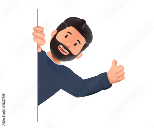 The 3D young man looking something outside with thump up. Curious Male Character Peeking From Behind Wall showing like isolated on white background. People Looking Outside. Men Watching Something.