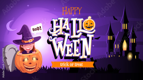 Happy Halloween banner or party invitation background, illustration of a cute little witch peeking out from behind Jack O'Lantern's pumpkin