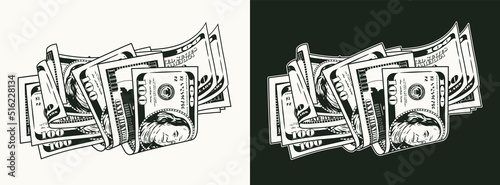 Pile of folded 100 dollar banknotes, bills. Heap of cash money. Black and white monochrome isolated vector illustration. Vintage style.
