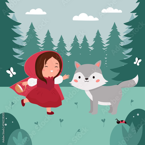 Little Red Riding Hood and gray wolf on forest background. Classical fairy tale for children. Cute kawaii cartoon characters. Girl with basket in hands. Vector illustration.