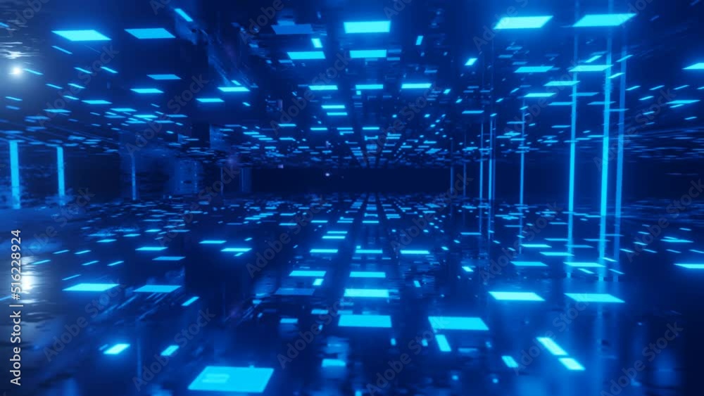 Fly through technology cyberspace with neon glow. Sci-fi flight through hi-tech technology tunnel. Hologram and neon light. metal blocks in the air. 3d looped seamless 4k bright background. Data flow