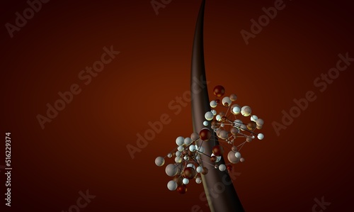 3D image. Hair close-up surrounded by molecules. Medicine and cosmetic. Restoration or hair care.