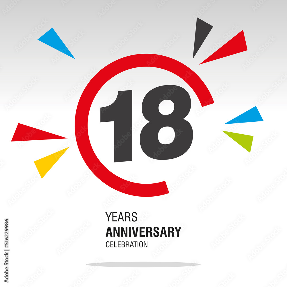 18 Years Anniversary, number in broken circle with colorful bang of confetti, logo, icon, white background 18 Years Anniversary, number in broken circle with colorful bang of confetti, logo, icon, white background
