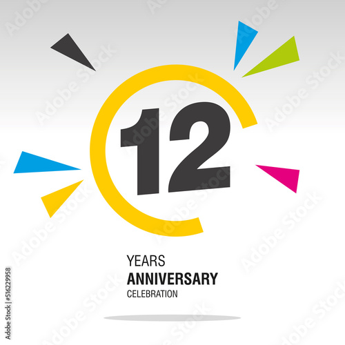 12 Years Anniversary, number in broken circle with colorful bang of confetti, logo, icon, white background