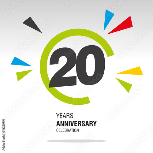 20 Years Anniversary, number in broken circle with colorful bang of confetti, logo, icon, white background