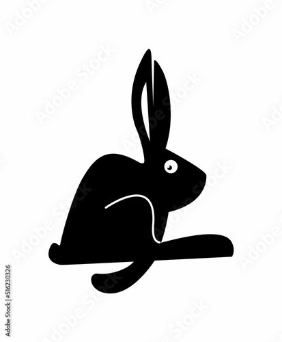 Silhouette of a running rabbit. The rabbit is the symbol of 2023. Stylization of a rabbit for a logo. Jumping frightened rabbit. Black and white illustration in flat cartoon graphic style.