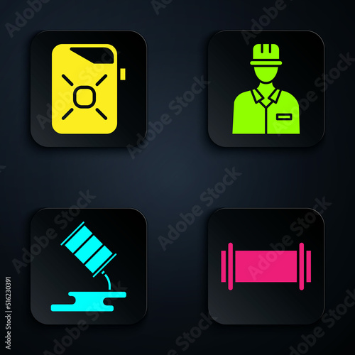 Set Industry pipe, Canister for motor oil, Barrel oil leak and Oilman. Black square button. Vector