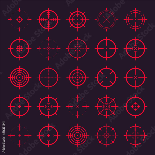 Crosshair, gun sight vector icons. Bullseye, red target or aim symbol. Military rifle scope, shooting mark sign. Targeting, aiming for a shot. Archery, hunting and sports shooting. Game UI element.