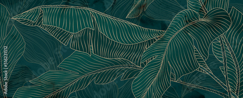 Luxury art background with palm leaves in golden line. Botanical tropical banner with tree leaves for wallpaper design, decor, print, interior design