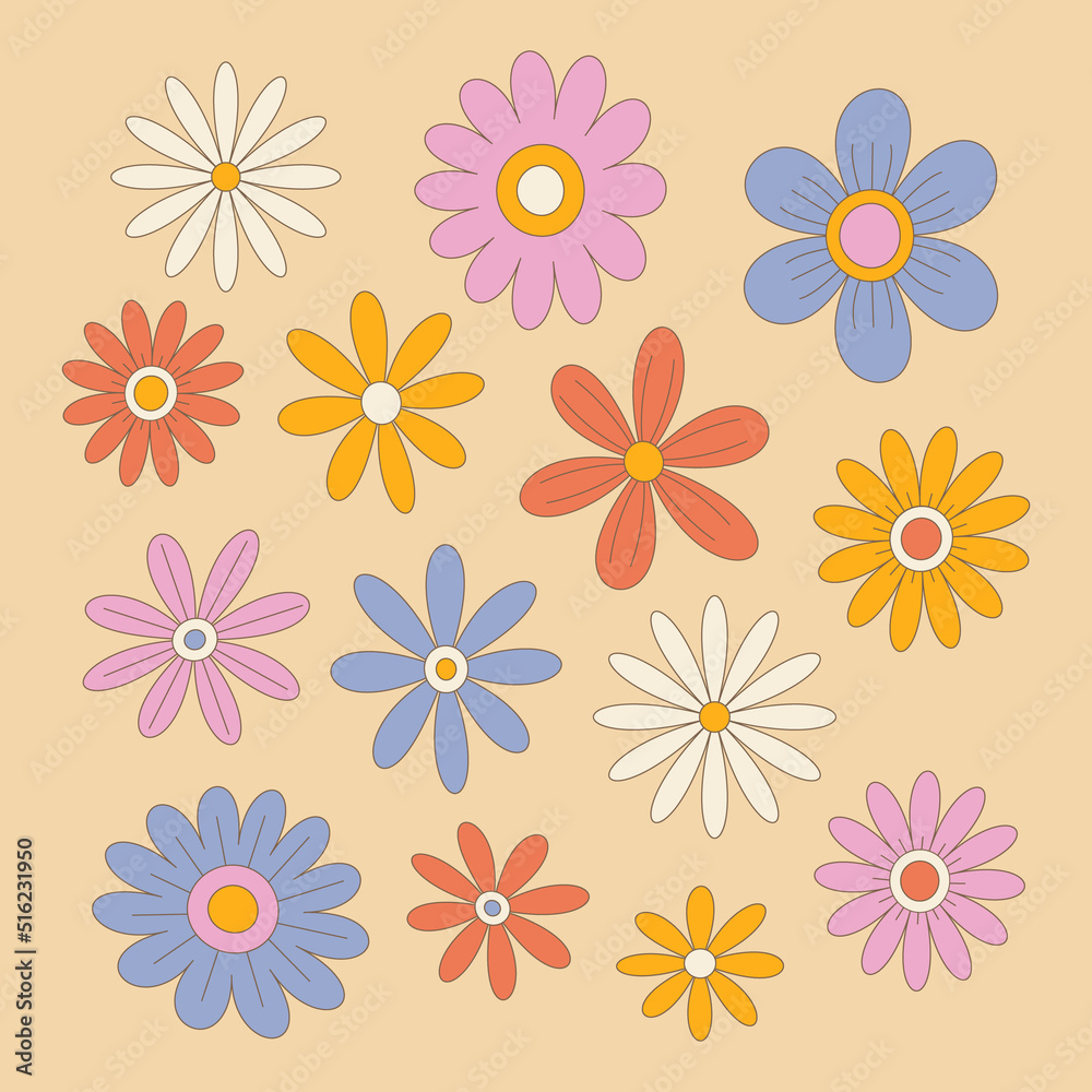 A set of vector vintage flowers. 70s style. Hippie style design, power flowers, retro, groovy.