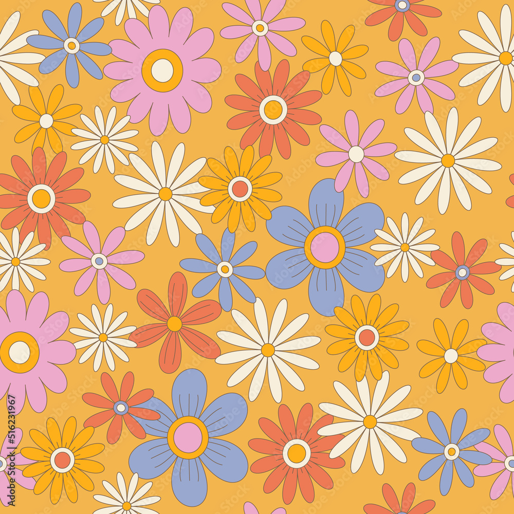 Floral vector pattern, in the style of the 70s. Great for fabrics and packaging. Yellow, brown, blue colors. Retro style Floral vector pattern, in the style of the 70s. Great for fabrics and packaging. Yellow, brown, blue colors. Retro style