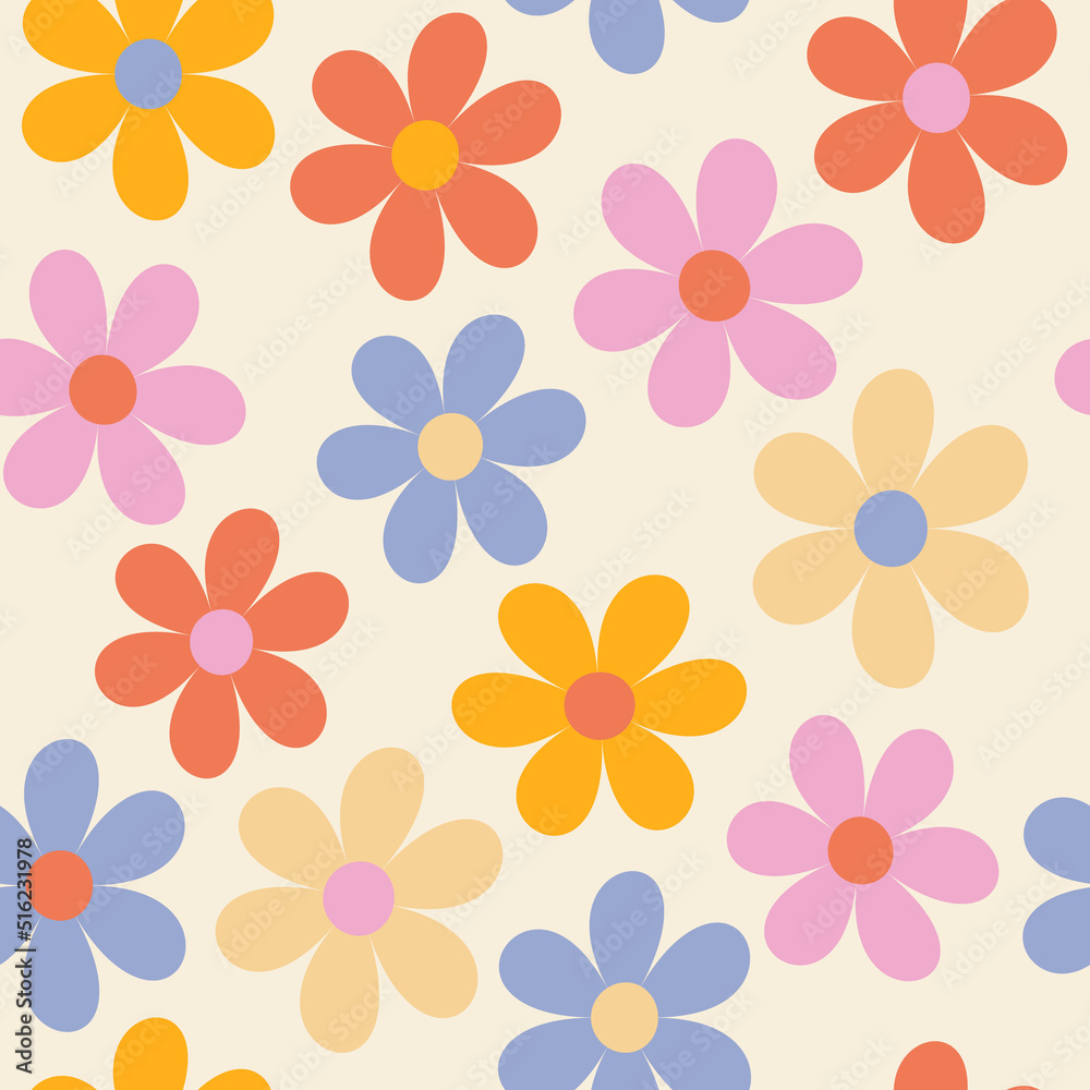 Floral pattern in the style of 70s groovy daisy flowers. Retro floral vector design. Style of 60s, 70s, 80s Stock Vector | Adobe