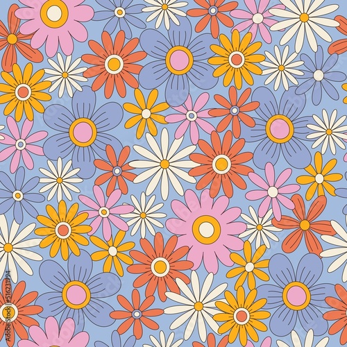 The power of flower  retro pattern  modern  floral  vintage  70s  yellow  pink  blue  flowers  fabric  wrapping paper