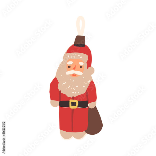Santa Claus with a gift sack, retro bauble. Vintage Christmas tree decoration. Vector mid-century style illustration