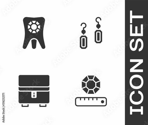 Set Gem stone, Tooth with diamond, Jewelry box and Earrings icon. Vector