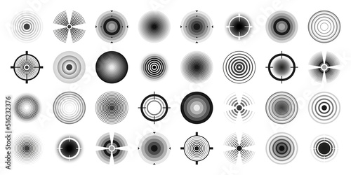 Various weapon sights, black crosshair icons. Aim, shooting mark symbol. Military target sign, silhouette. Radial sonar sound waves, radio signal. Vector illustration