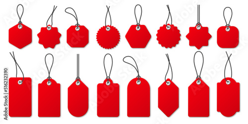 Realistic red price tags collection. Special offer or shopping discount label. Retail paper sticker. Promotional sale badge. Vector illustration.