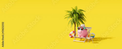 Piggy bank resting in beach chair on yellow background. Summer vacation concept 3d render 3d illustration