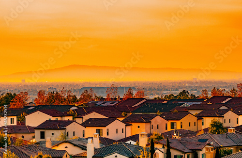 Suburban Orange County housing at sunset in Southern California	
