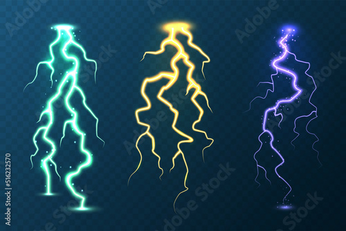 Realistic colorful lightning collection on blue background. Thunderstorm and lightning bolt. Sparks of light. Stormy weather effect. Vector illustration