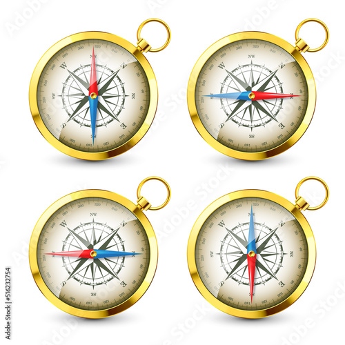 Realistic golden vintage compass with marine wind rose and cardinal directions of North, East, South, West. Shiny metal navigational compass. Cartography and navigation. Vector illustration