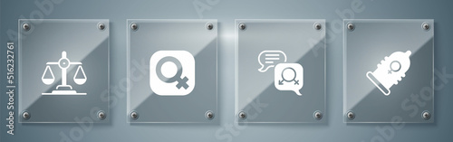 Set Condom, Gender equality, Female gender and . Square glass panels. Vector