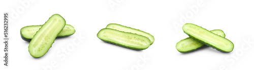 Fresh cucumber sliced lengthwise. Set isolated on white background.	 