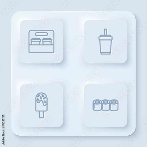 Set line Coffee cup to go, Paper glass with straw, Ice cream and Sushi. White square button. Vector © Oksana
