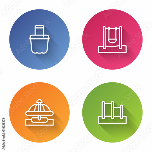 Set line Sand in bucket, Swing, Attraction carousel and Horizontal bar. Color circle button. Vector